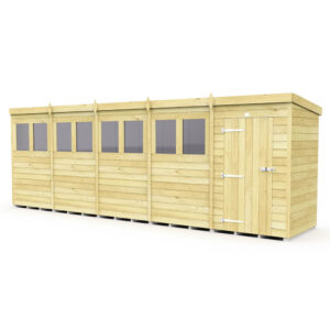 20ft x 4ft wooden pent garden shed with natural timber finish.