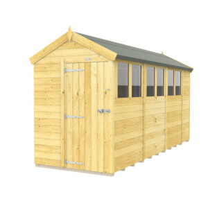 5ft x 14ft apex shed with a pitched roof and wooden panels, ideal for long garden storage