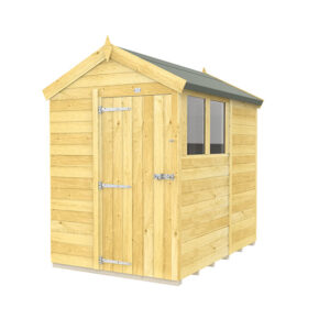 5ft x 7ft apex shed with wooden cladding and pitched roof, placed in a garden for secure tool storage