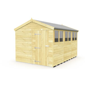 8ft x 12ft Apex Shed with sturdy tongue and groove cladding in natural wood finish.