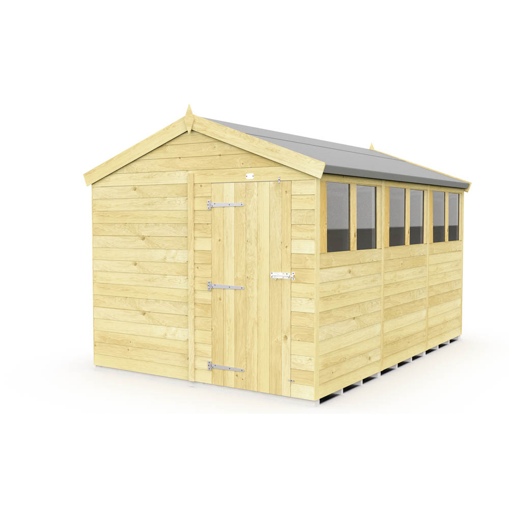 8ft x 12ft Apex Shed with sturdy tongue and groove cladding in natural wood finish.
