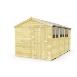 8ft x 14ft Apex Shed with timber cladding in garden