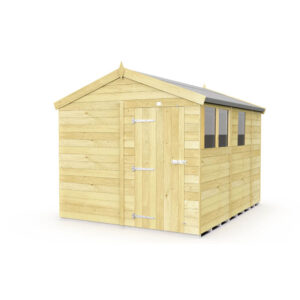 8ft x 9ft Apex Shed with wooden cladding and pitched roof in garden.