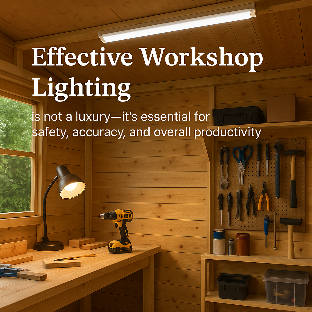 Interior of a well-lit wooden workshop showing natural and artificial lighting, a pegboard with tools, and a workbench with a cordless drill — emphasizing safe and productive workspace lighting.