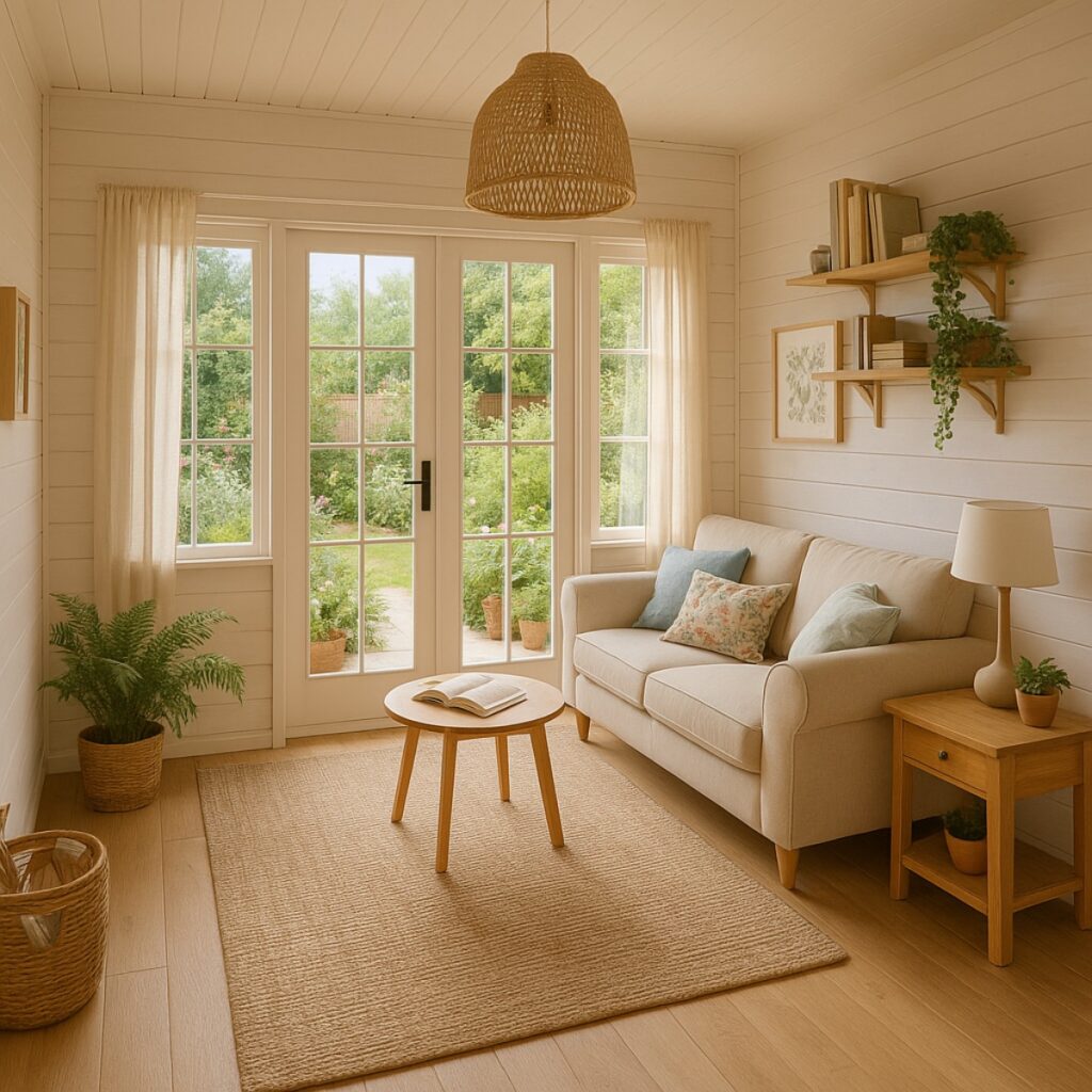 Cosy and stylish summer shed interior with seating, natural light, and garden-inspired decor