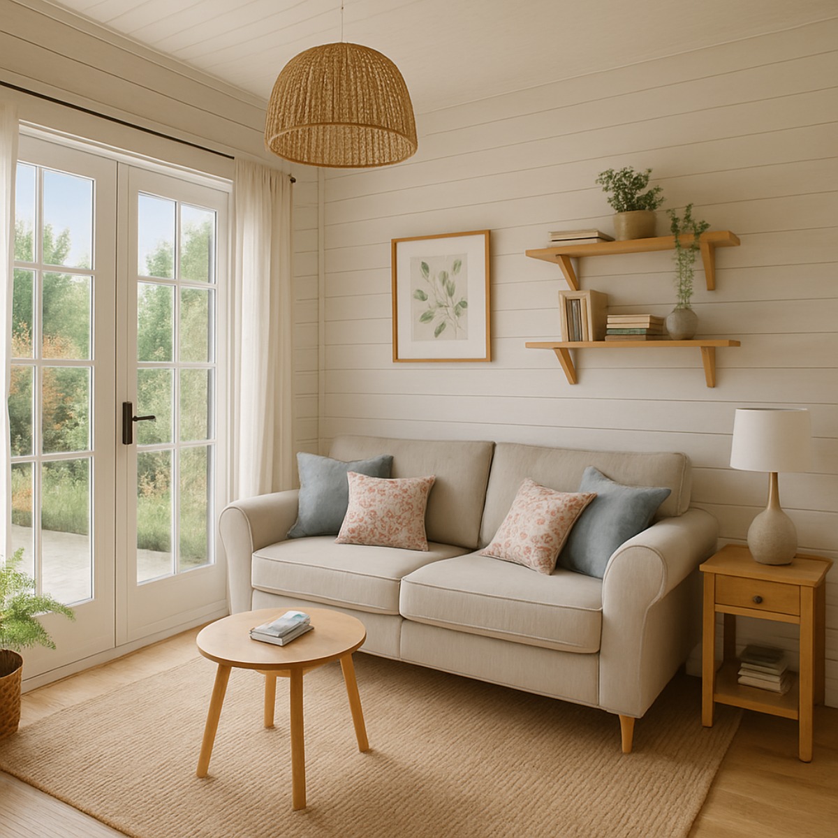 Comfortable and stylish summer shed with seating, soft lighting, and decorative garden elements