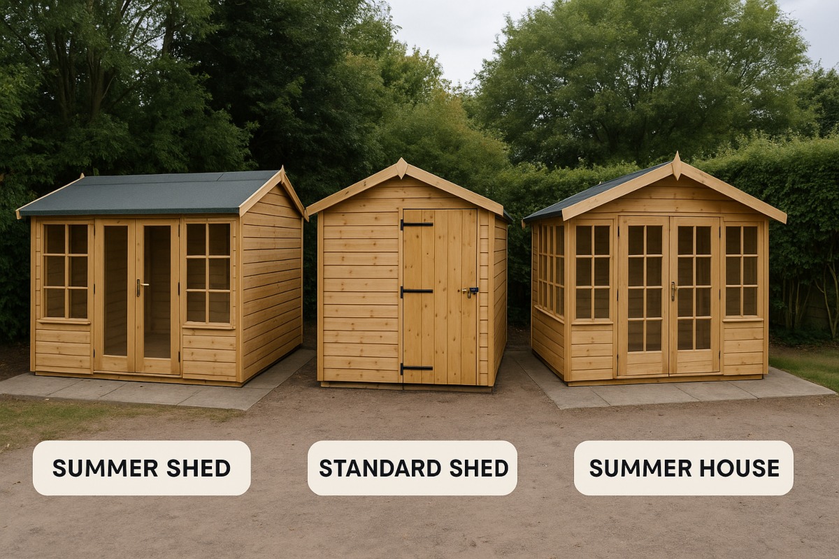 Comparison of summer sheds, standard garden sheds, and summer houses for storage and leisure use