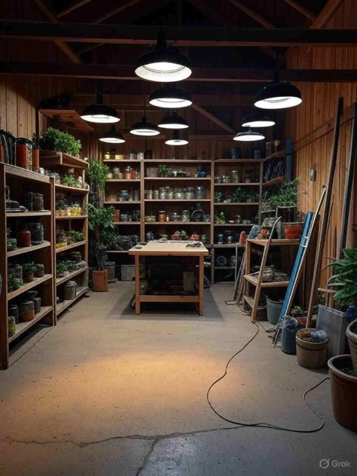 Well-lit garden workshop with overhead LED lighting and task lights for detailed DIY work