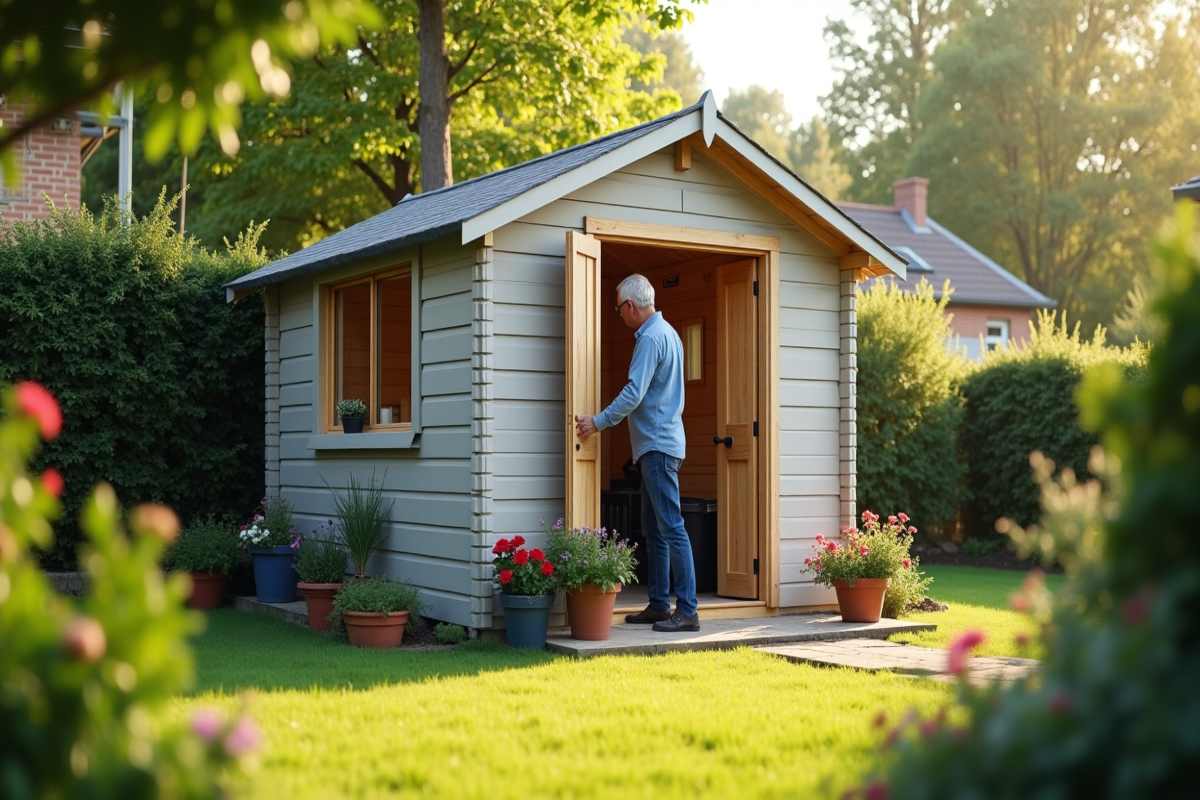 Person assembling a custom wooden garden shed outdoors.