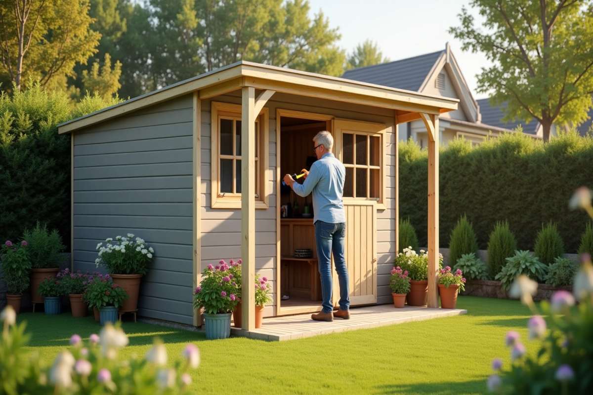 Man building a wooden garden shed in his backyard.