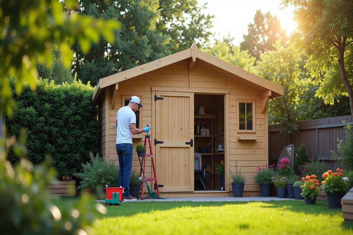 DIY enthusiast constructing a garden shed with wooden panels.