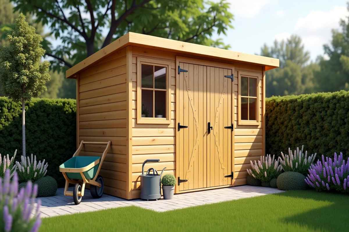 Modern heavy duty pent shed in a neat British garden